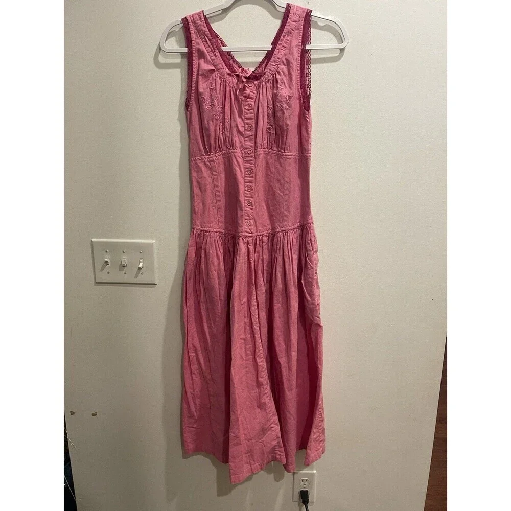 Vtg Pink Coquette Pink Lace Cotton Dress Lingerie Small Button Sweetheart Tiered - Picture 4 of 14